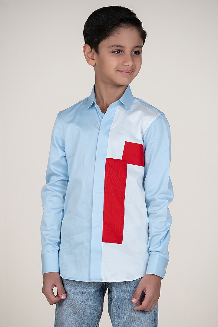 Multi-Colored Cotton Satin Color-Blocked Shirt For Boys by Little Boys Closet at Pernia's Pop Up Shop