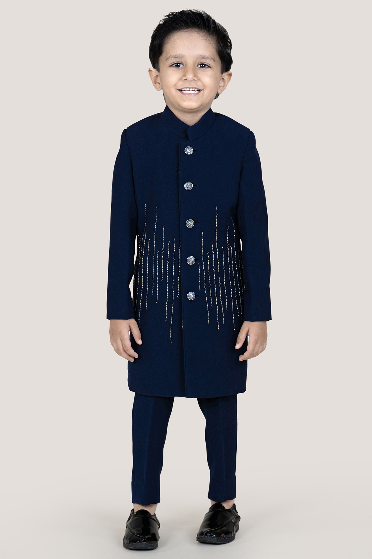 Navy Blue suiting Sandwash Embroidered Sherwani Set For Boys by Little Boys Closet