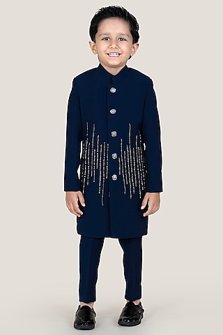 Navy Blue suiting Sandwash Embroidered Sherwani Set For Boys by Little Boys Closet