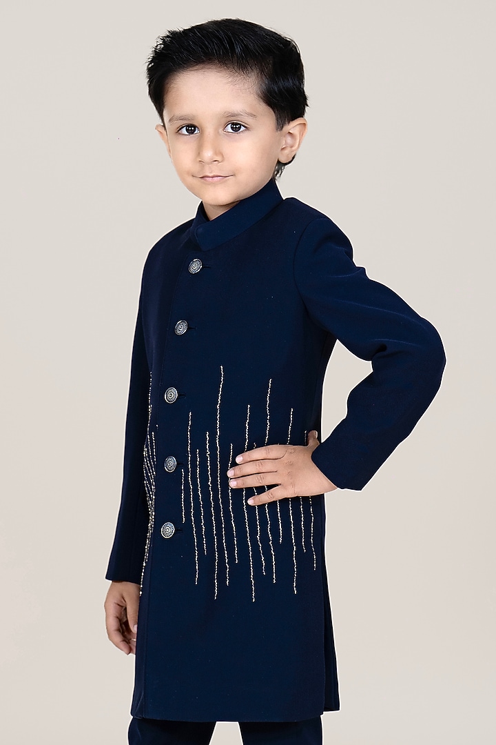 Navy Blue suiting Sandwash Embroidered Sherwani Set For Boys by Little Boys Closet at Pernia's Pop Up Shop