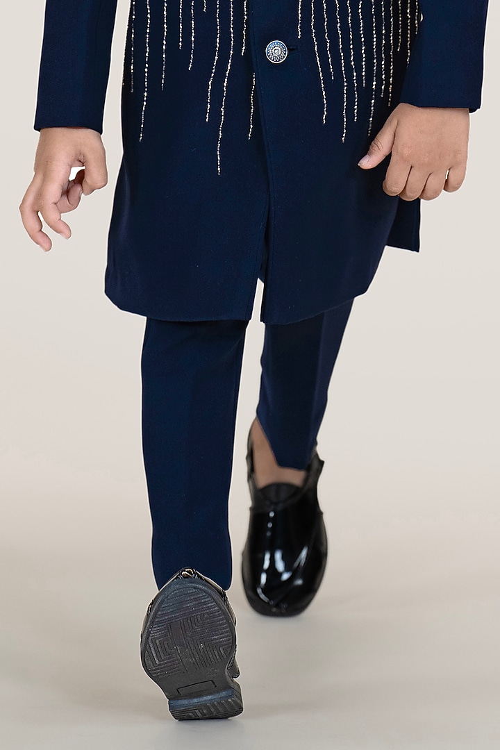 Navy Blue suiting Sandwash Embroidered Sherwani Set For Boys by Little Boys Closet at Pernia's Pop Up Shop