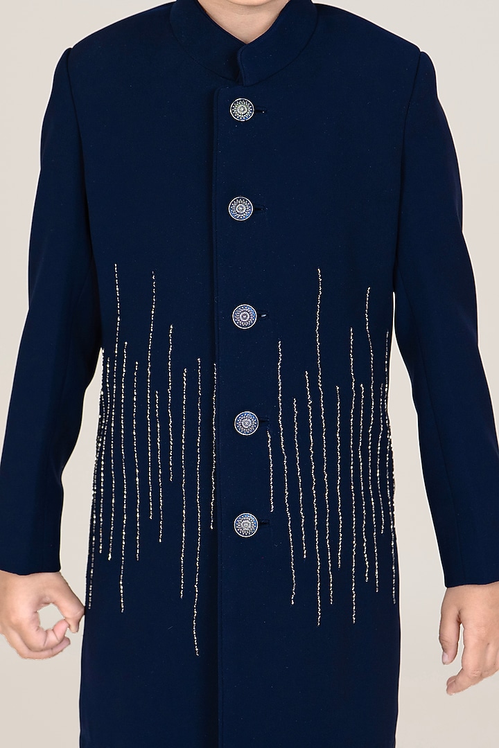 Navy Blue suiting Sandwash Embroidered Sherwani Set For Boys by Little Boys Closet at Pernia's Pop Up Shop