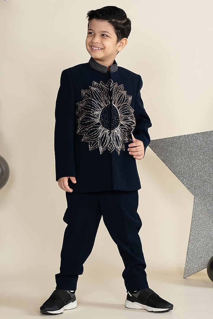 Navy Blue Polyester Sandwash Suiting Hand Embroidered Bandhgala jacket Set For Boys by Little Boys Closet