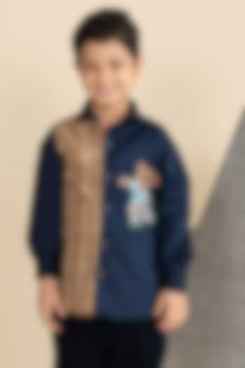 Navy Blue & Brown Cotton Satin Embroidered Shirt For Boys by Little Boys Closet at Pernia's Pop Up Shop