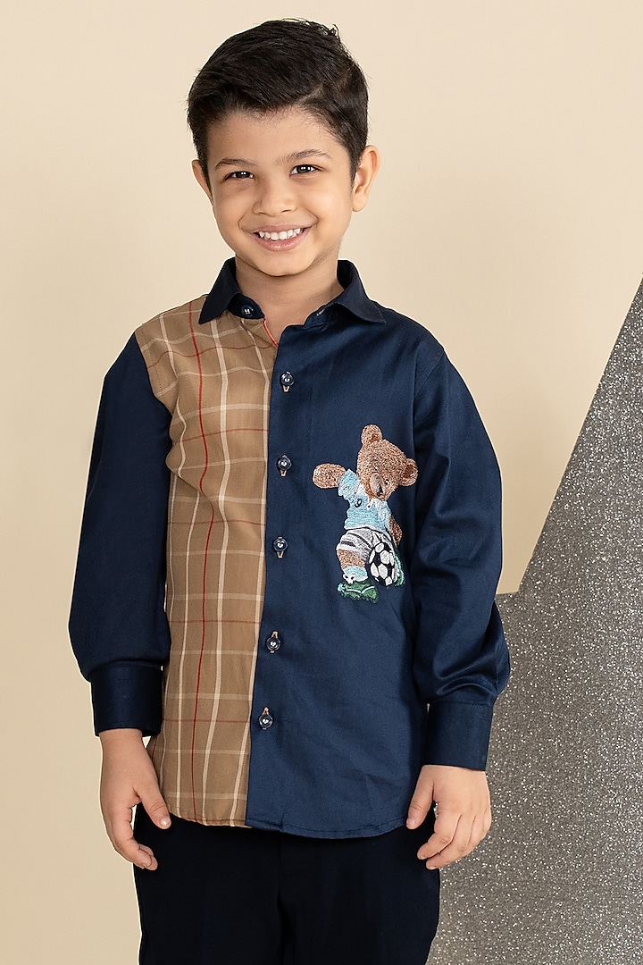 Navy Blue & Brown Cotton Satin Embroidered Shirt For Boys by Little Boys Closet at Pernia's Pop Up Shop