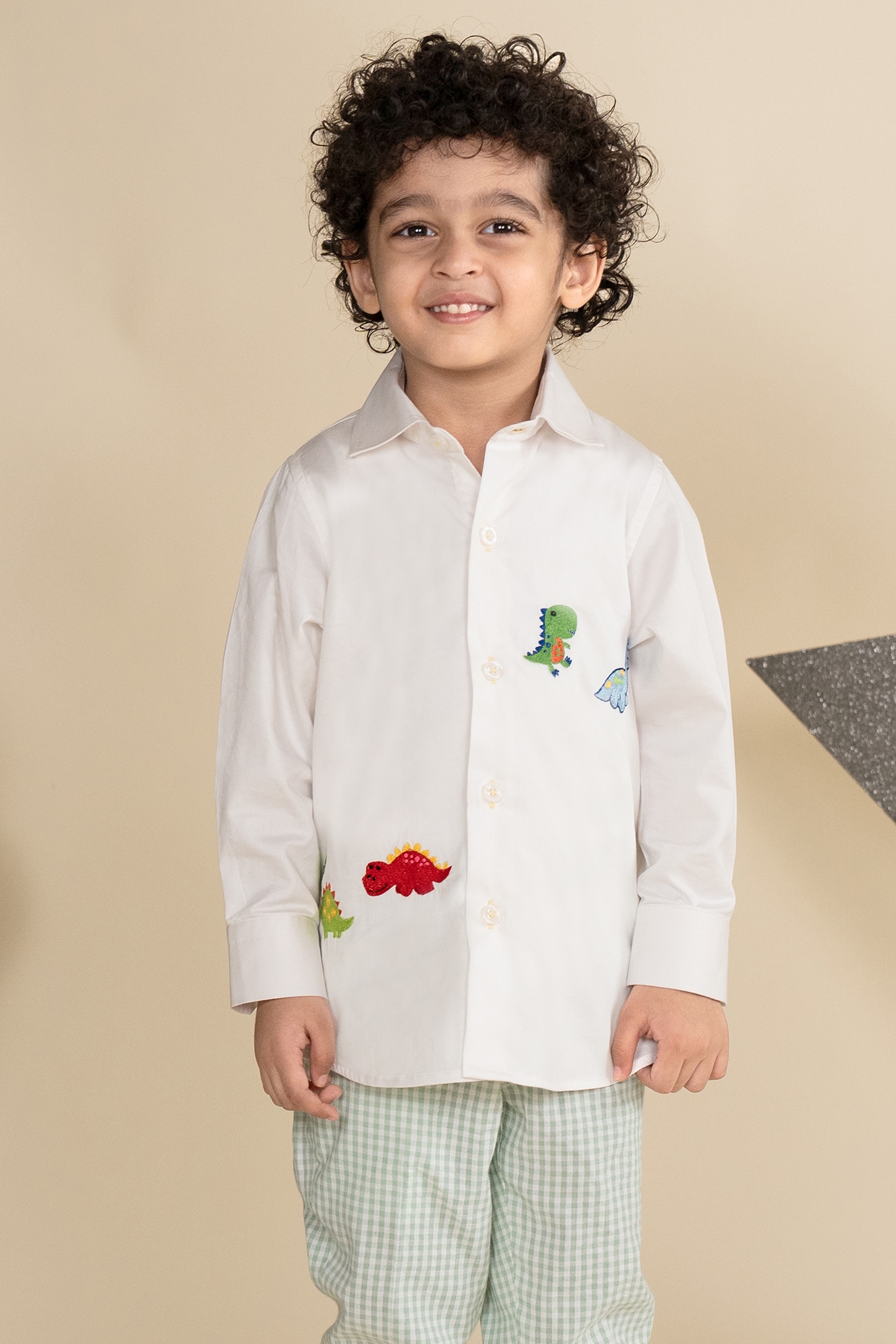 White Cotton Satin Embroidered Shirt For Boys by Little Boys