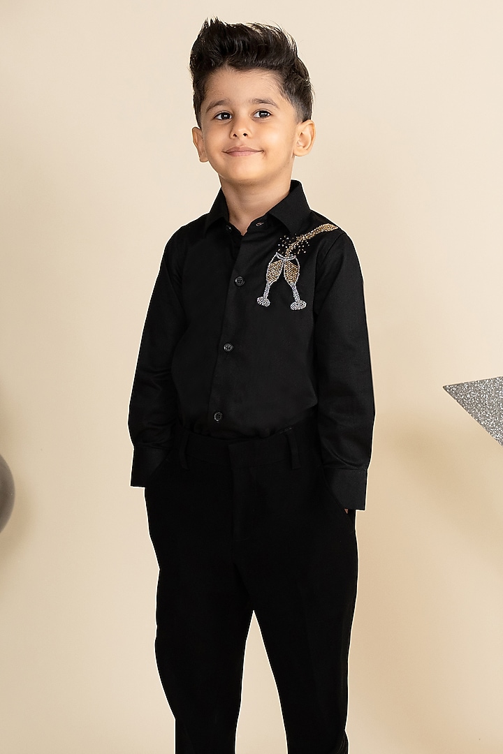 Black Cotton Satin Cutdana Hand Embroidered Shirt For Boys by Little Boys Closet at Pernia's Pop Up Shop