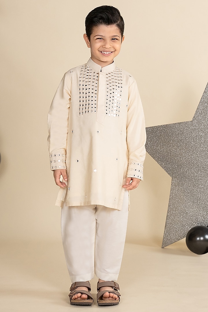 Ivory Cotton Silk Mirror Work Kurta Set For Boys by Little Boys Closet at Pernia's Pop Up Shop