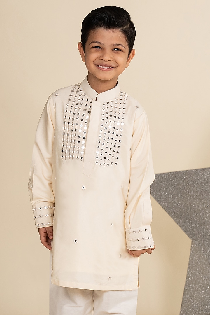 Ivory Cotton Silk Mirror Work Kurta Set For Boys by Little Boys Closet at Pernia's Pop Up Shop