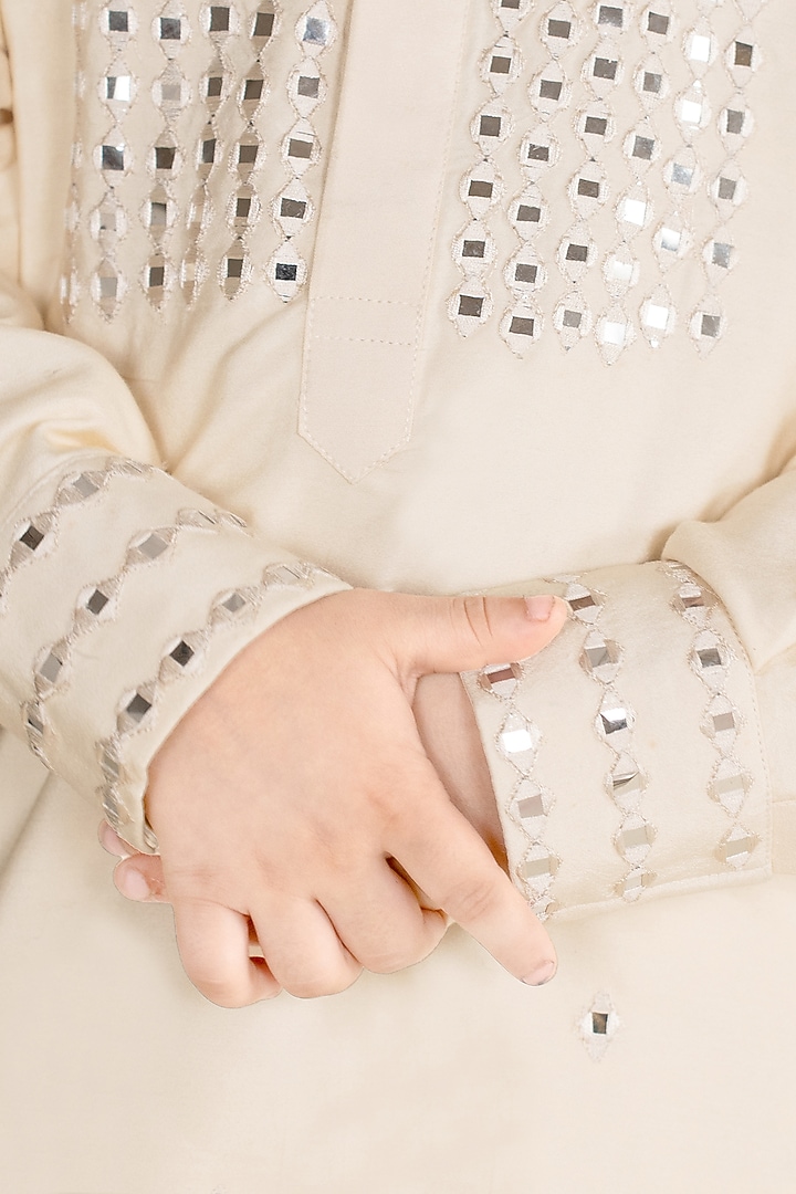 Ivory Cotton Silk Mirror Work Kurta Set For Boys by Little Boys Closet at Pernia's Pop Up Shop