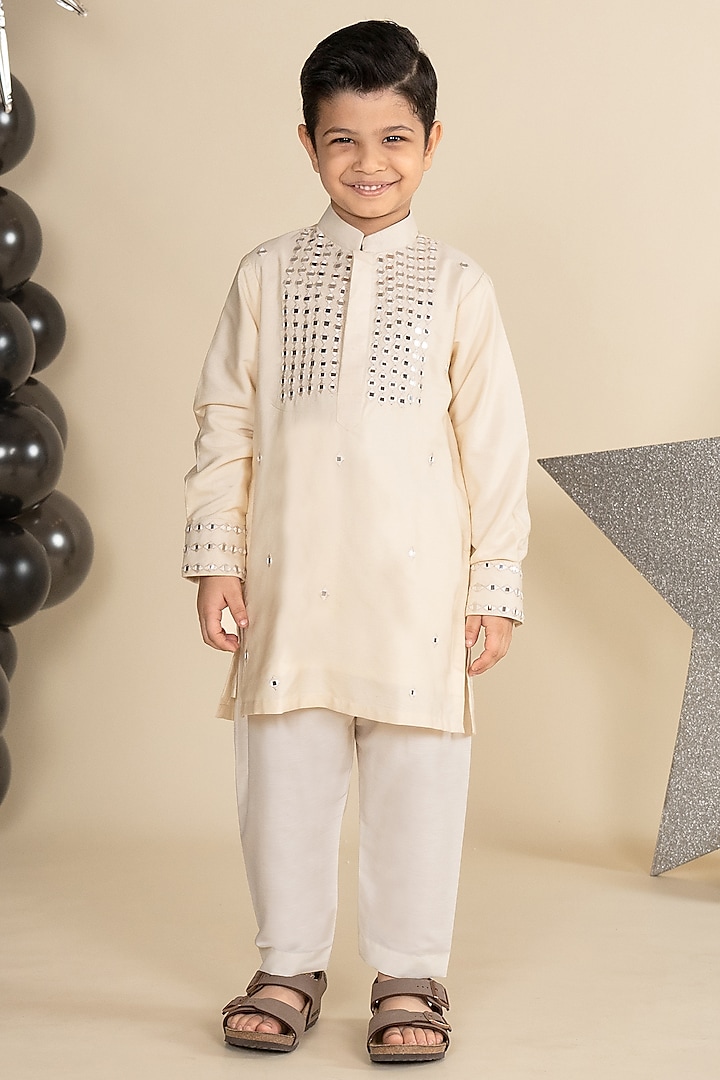 Ivory Cotton Silk Mirror Work Kurta Set For Boys by Little Boys Closet at Pernia's Pop Up Shop
