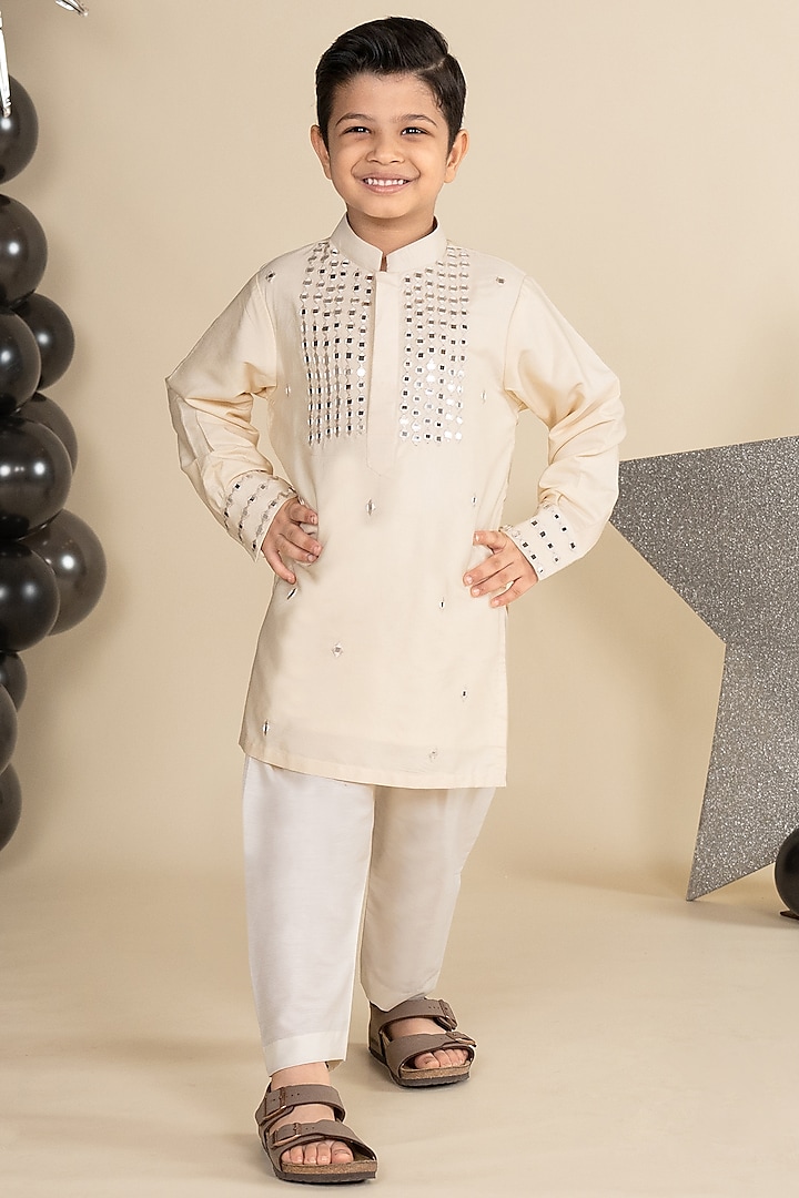 Ivory Cotton Silk Mirror Work Kurta Set For Boys by Little Boys Closet at Pernia's Pop Up Shop