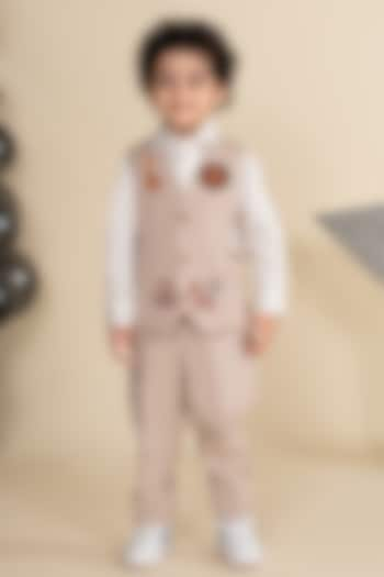 Beige Suiting Motifs Embroidered Waistcoat Set For Boys by Little Boys Closet