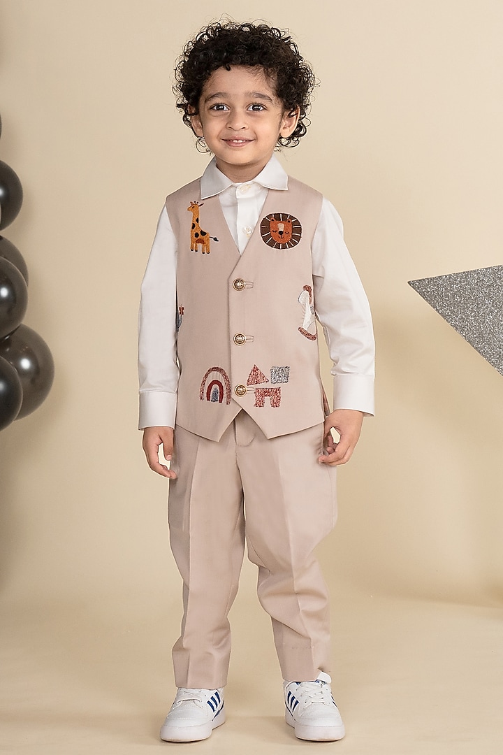 Beige Suiting Motifs Embroidered Waistcoat Set For Boys by Little Boys Closet