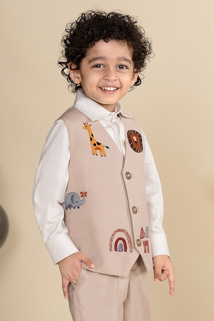 Beige Suiting Motifs Embroidered Waistcoat Set For Boys by Little Boys Closet at Pernia's Pop Up Shop