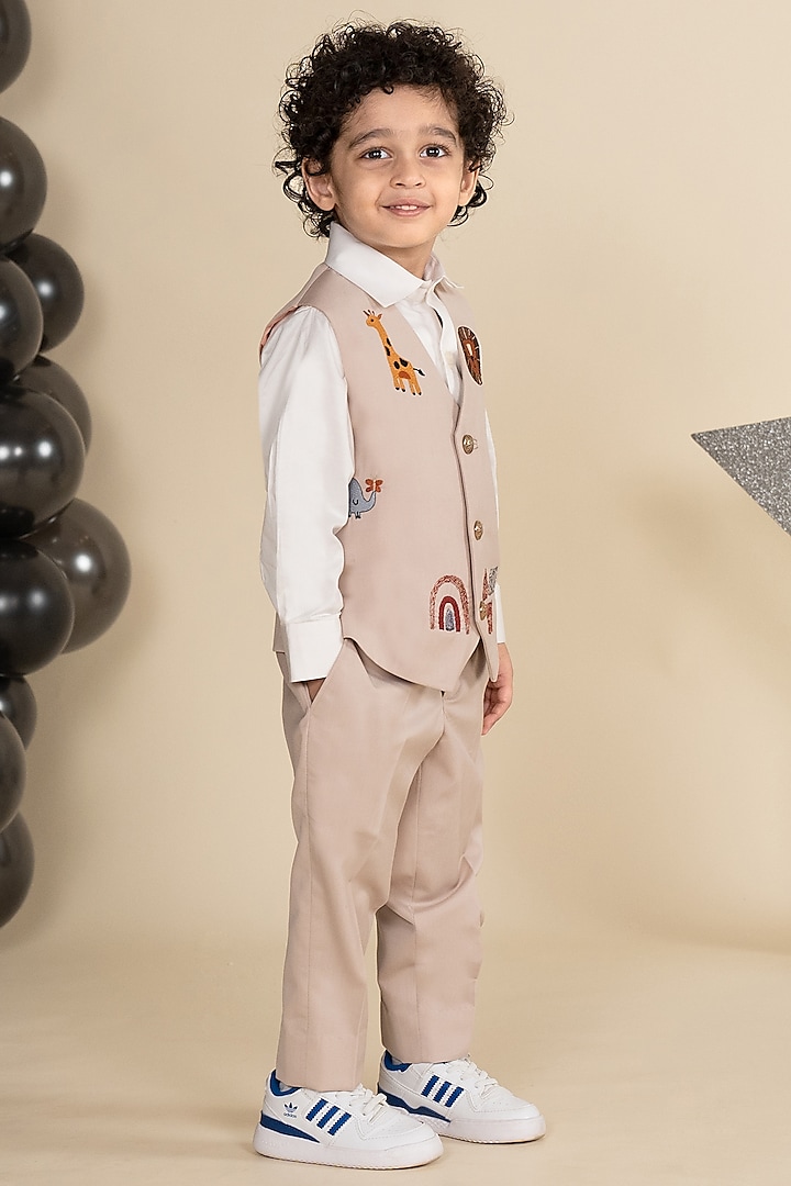 Beige Suiting Motifs Embroidered Waistcoat Set For Boys by Little Boys Closet at Pernia's Pop Up Shop
