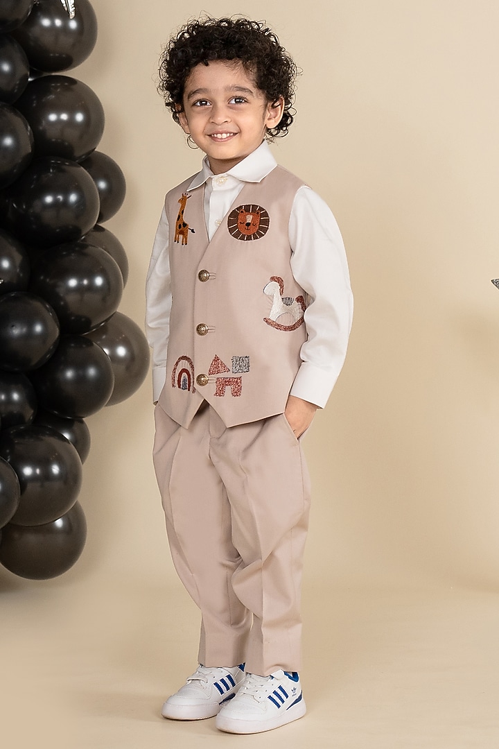 Beige Suiting Motifs Embroidered Waistcoat Set For Boys by Little Boys Closet at Pernia's Pop Up Shop