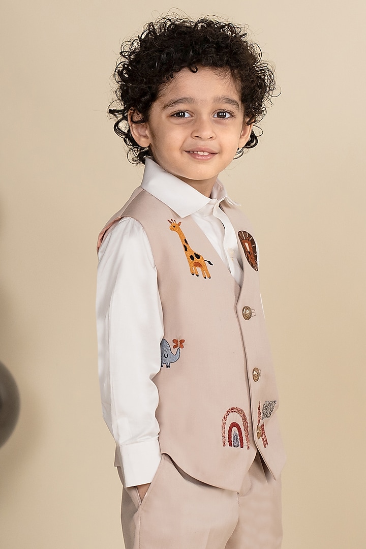 Beige Suiting Motifs Embroidered Waistcoat Set For Boys by Little Boys Closet at Pernia's Pop Up Shop