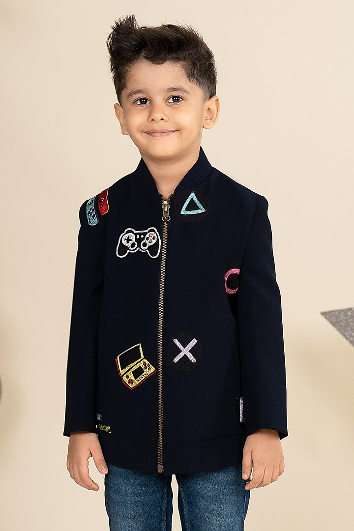 Navy Blue Sandwash Suiting Motif Embroidered Bomber Jacket For Boys by Little Boys Closet