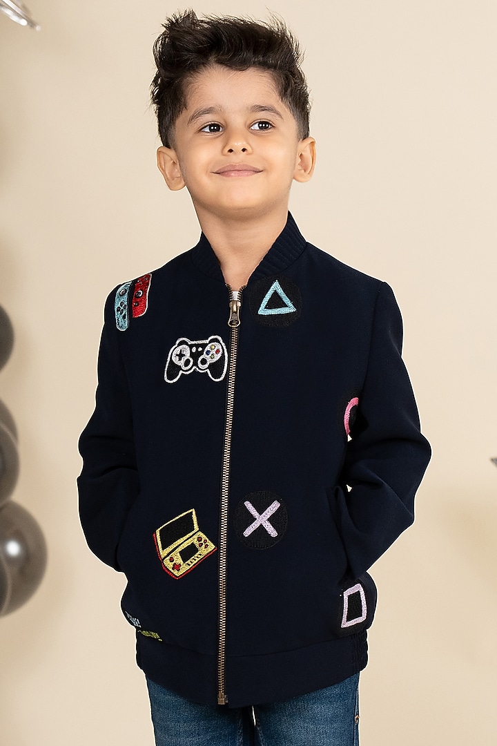 Navy Blue Sandwash Suiting Motif Embroidered Bomber Jacket For Boys by Little Boys Closet at Pernia's Pop Up Shop