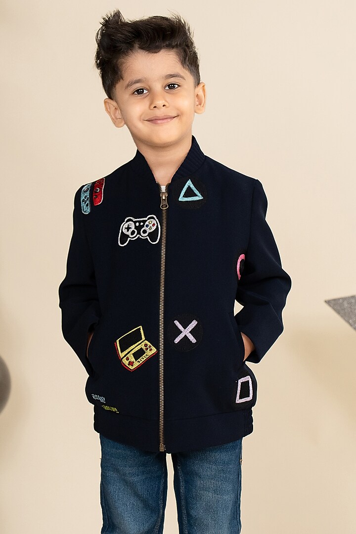 Navy Blue Sandwash Suiting Motif Embroidered Bomber Jacket For Boys by Little Boys Closet at Pernia's Pop Up Shop