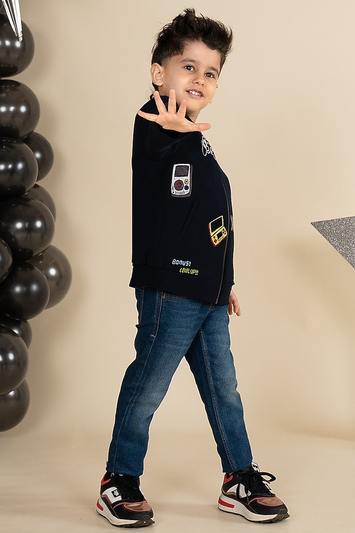 Navy Blue Sandwash Suiting Motif Embroidered Bomber Jacket For Boys by Little Boys Closet at Pernia's Pop Up Shop
