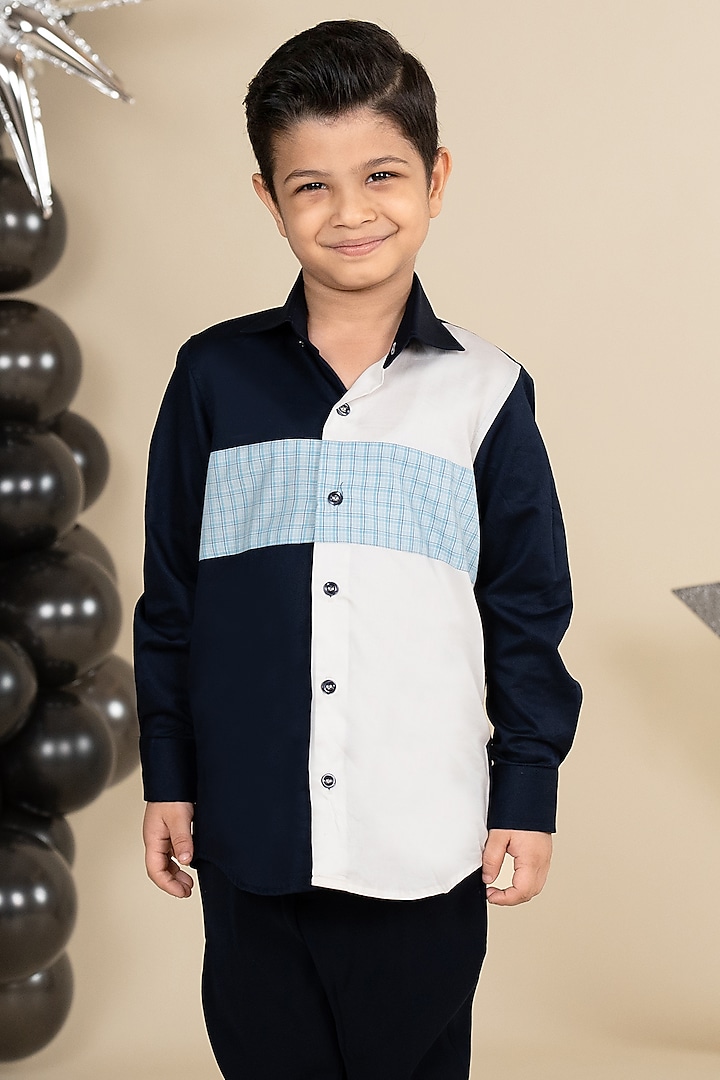 Navy Blue & White Cotton Satin Color Blocked Shirt For Boys by Little Boys Closet at Pernia's Pop Up Shop