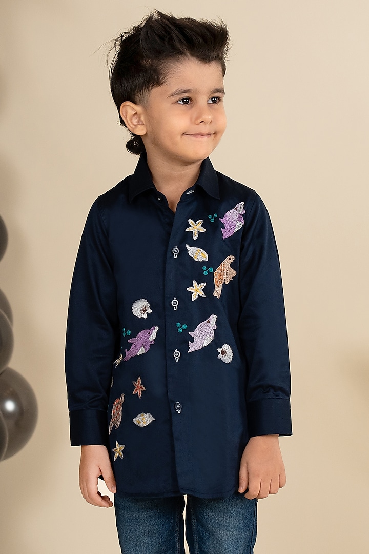 Navy Blue Cotton Satin Embroidered Shirt For Boys by Little Boys Closet at Pernia's Pop Up Shop