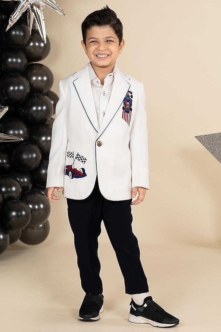 White Suiting Sandwash Polyester Embroidered Blazer Set For Boys by Little Boys Closet at Pernia's Pop Up Shop