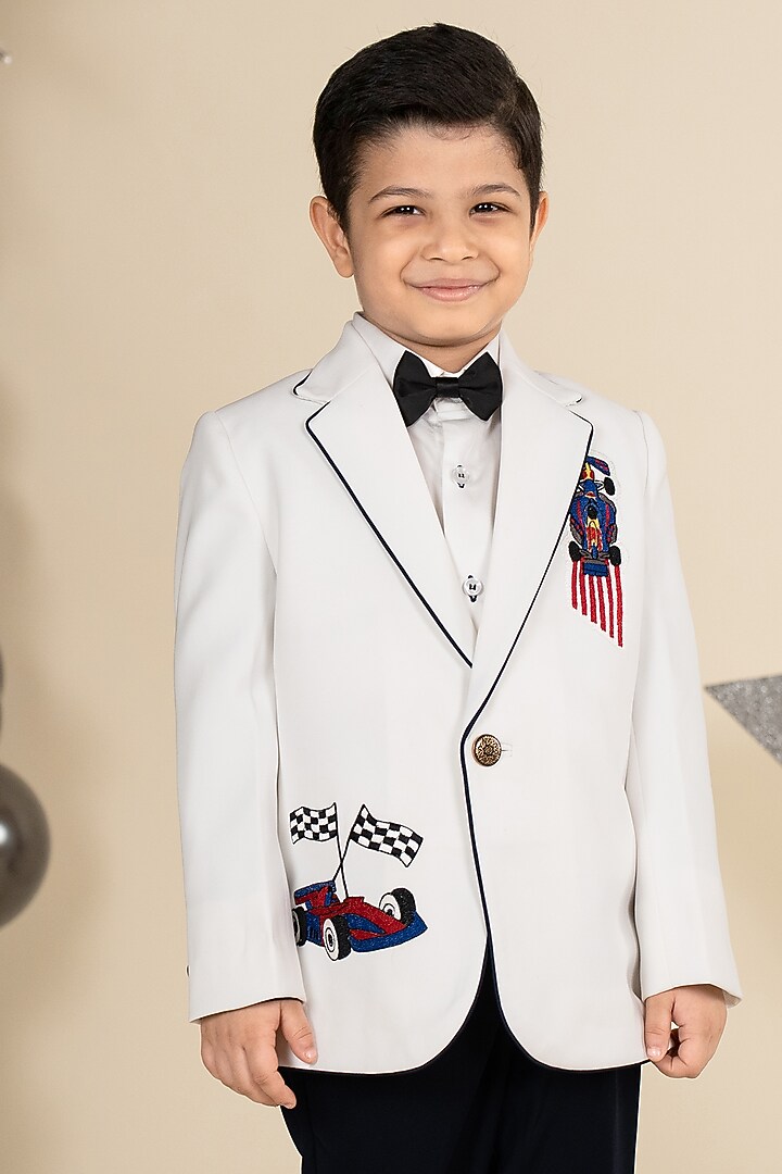 White Suiting Sandwash Polyester Embroidered Blazer Set For Boys by Little Boys Closet at Pernia's Pop Up Shop
