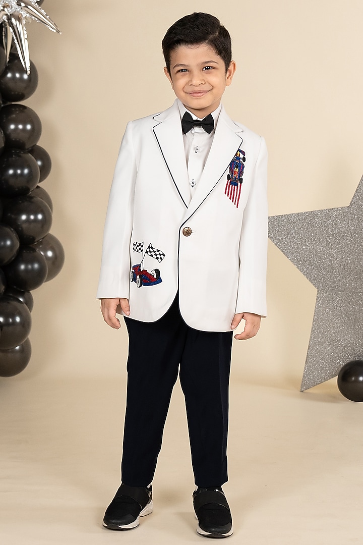 White Suiting Sandwash Polyester Embroidered Blazer Set For Boys by Little Boys Closet at Pernia's Pop Up Shop