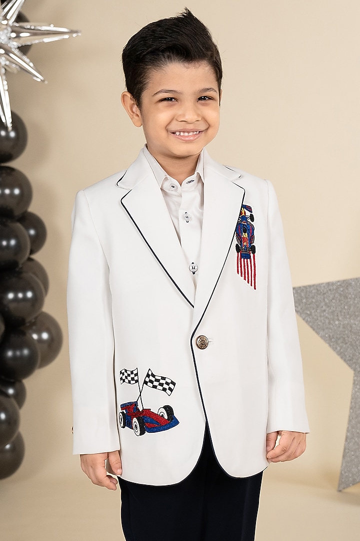 White Suiting Sandwash Polyester Embroidered Blazer Set For Boys by Little Boys Closet at Pernia's Pop Up Shop