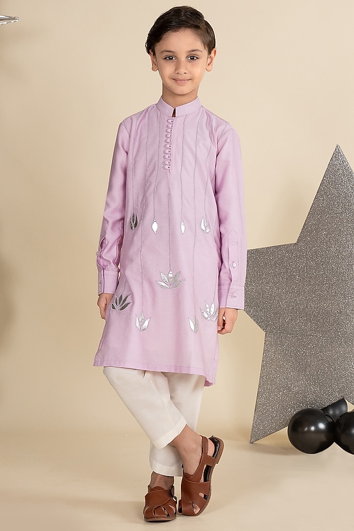 Lilac Cotton Silk Lotus Handwork Pintuck Kurta Set For Boys by Little Boys Closet at Pernia's Pop Up Shop