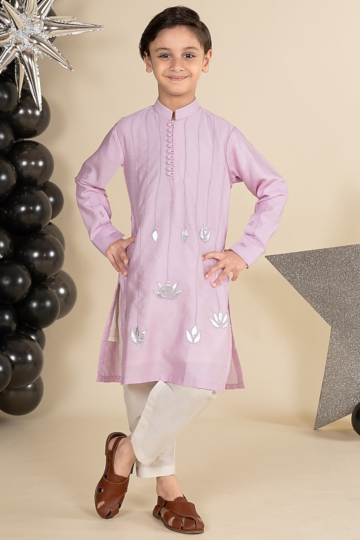 Lilac Cotton Silk Lotus Handwork Pintuck Kurta Set For Boys by Little Boys Closet at Pernia's Pop Up Shop