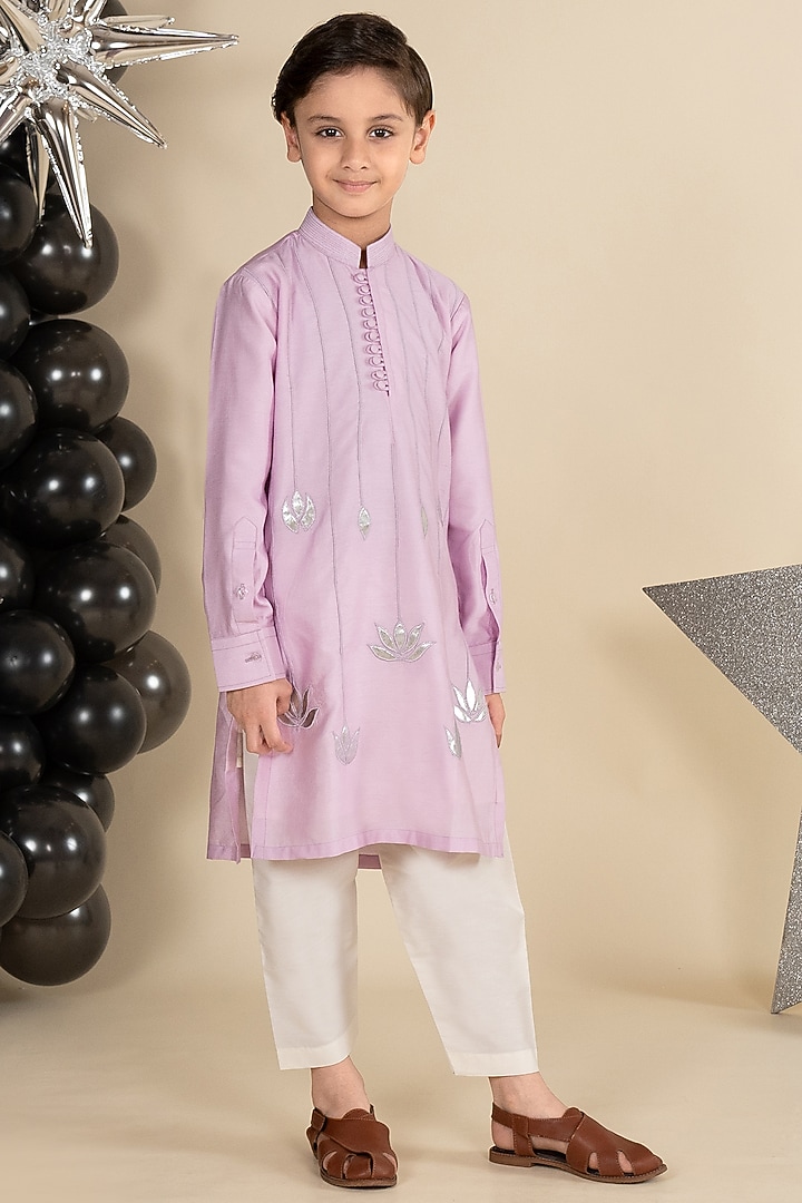 Lilac Cotton Silk Lotus Handwork Pintuck Kurta Set For Boys by Little Boys Closet at Pernia's Pop Up Shop