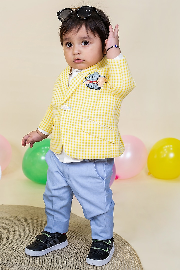 Sky Blue Pant Set With Yellow Checkered Blazer For Boys by Little Boys Closet