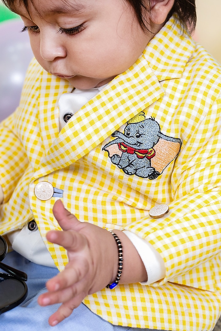 Sky Blue Pant Set With Yellow Checkered Blazer For Boys by Little Boys Closet at Pernia's Pop Up Shop