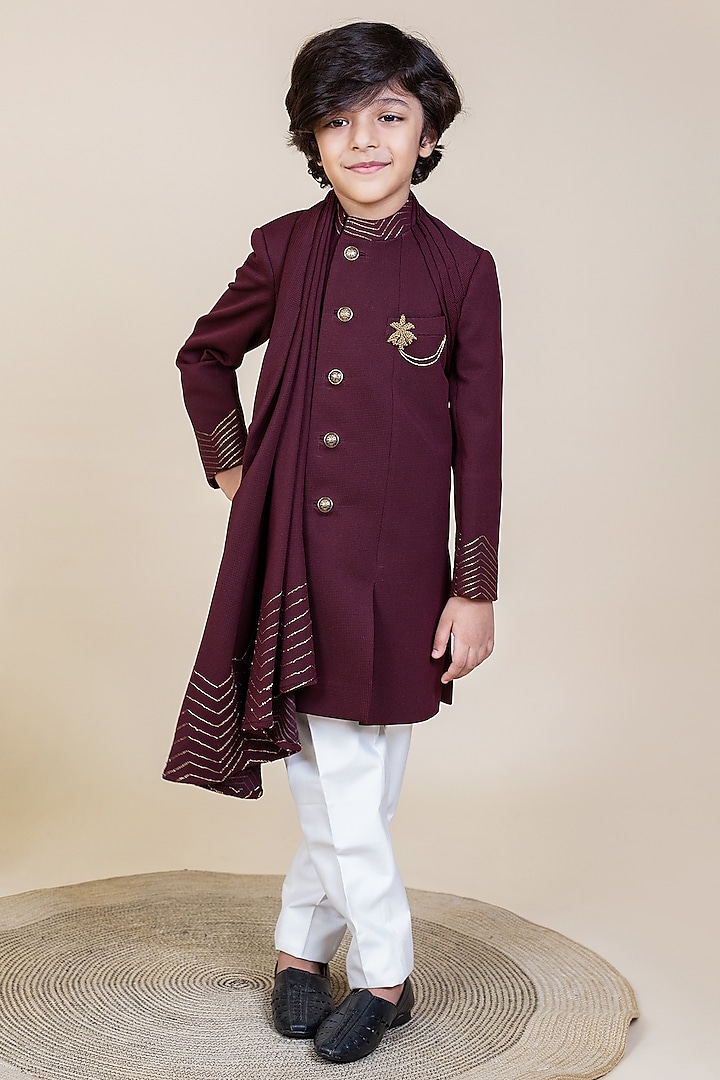 Wine Embroidered Angrakha Indo-Western Jacket Set For Boys by Little Boys Closet