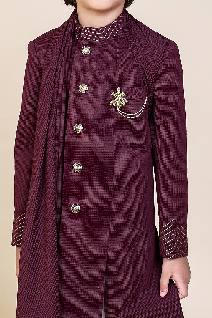 Wine Embroidered Angrakha Indo-Western Jacket Set For Boys by Little Boys Closet at Pernia's Pop Up Shop