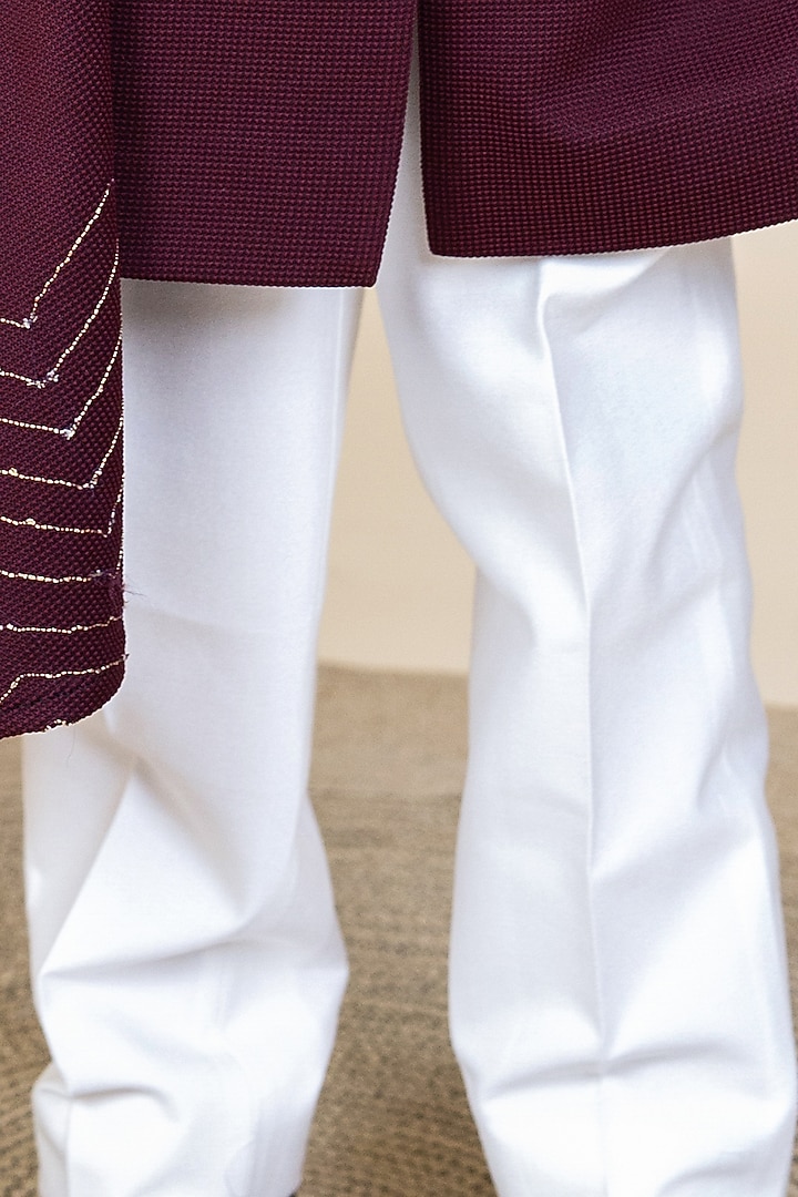 Wine Embroidered Angrakha Indo-Western Jacket Set For Boys by Little Boys Closet at Pernia's Pop Up Shop
