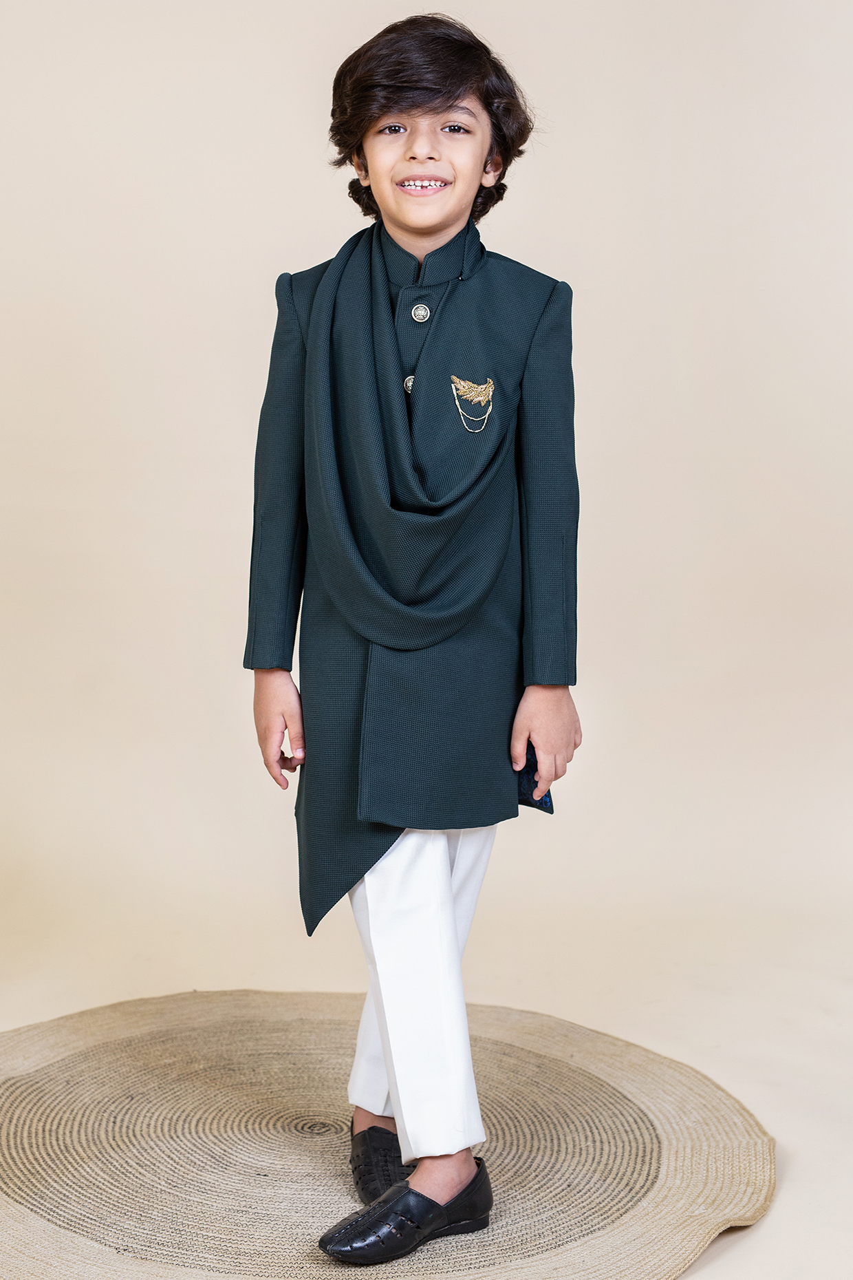Dark Green Embroidered Indo-Western Draped Jacket Set For Boys by Little Boys Closet at Pernia's Pop Up Shop