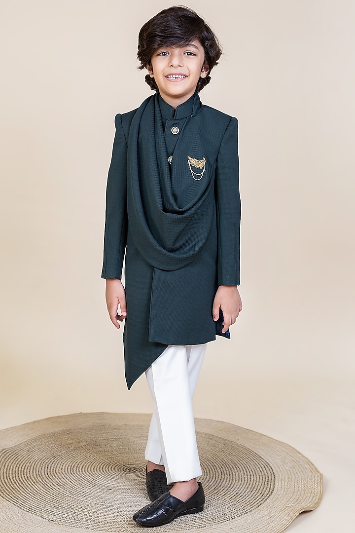 Dark Green Embroidered Indo-Western Draped Jacket Set For Boys by Little Boys Closet at Pernia's Pop Up Shop