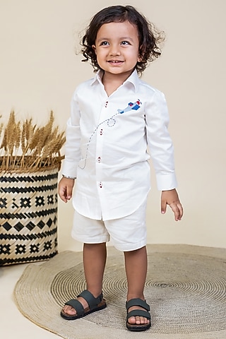 White Airplane Embroidered Shirt For Boys by Little Boys Closet
