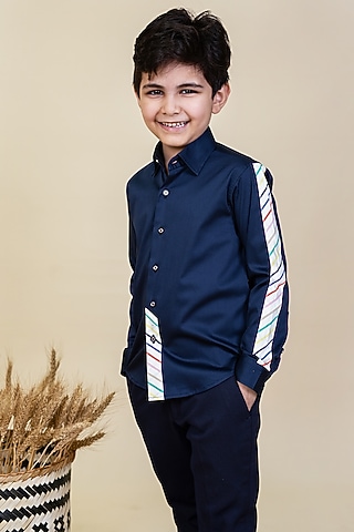 Dark Navy Blue & White Cotton Shirt For Boys by Little Boys Closet