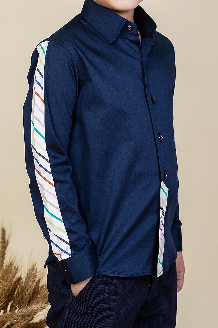 Dark Navy Blue & White Cotton Shirt For Boys by Little Boys Closet at Pernia's Pop Up Shop