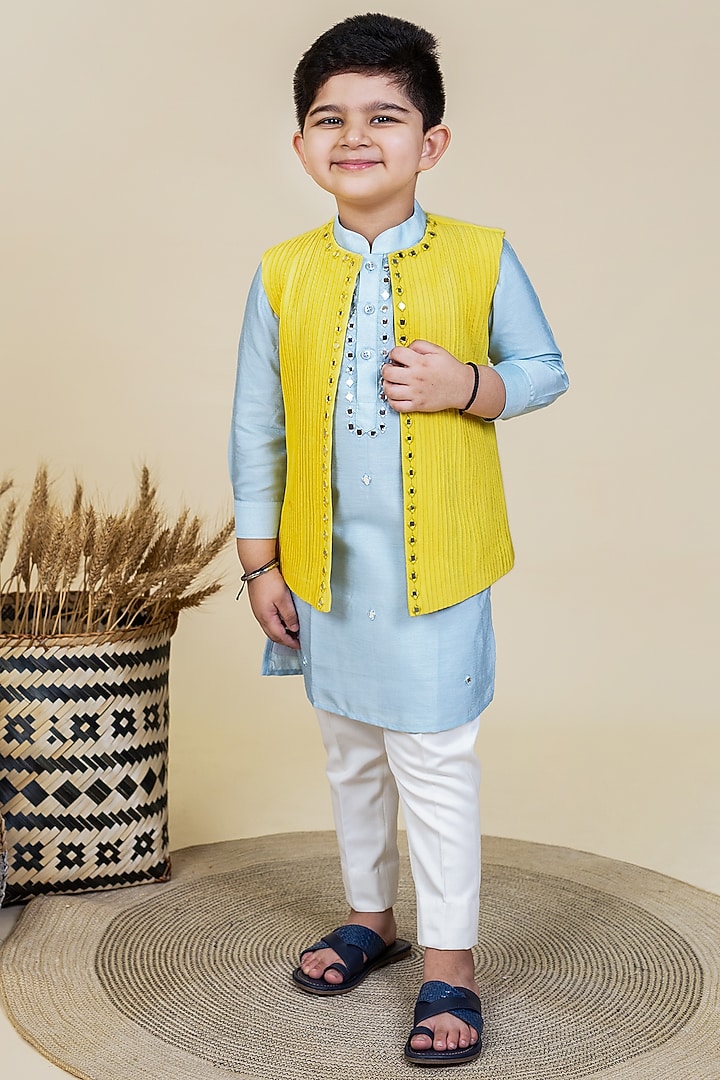 Yellow Mirror Embroidered Pleated Waistcoat Set For Boys by Little Boys Closet at Pernia's Pop Up Shop