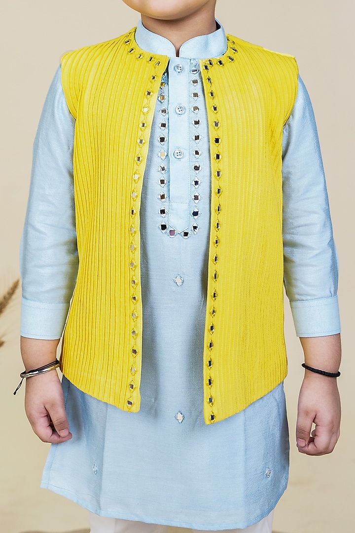 Yellow Mirror Embroidered Pleated Waistcoat Set For Boys by Little Boys Closet at Pernia's Pop Up Shop