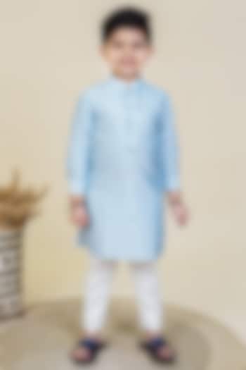 Sky Blue Mirror Embroidered Kurta Set For Boys by Little Boys Closet at Pernia's Pop Up Shop