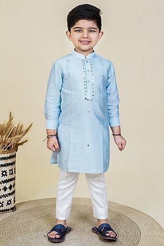 Sky Blue Mirror Embroidered Kurta Set For Boys by Little Boys Closet