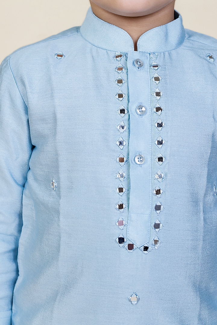 Sky Blue Mirror Embroidered Kurta Set For Boys by Little Boys Closet at Pernia's Pop Up Shop